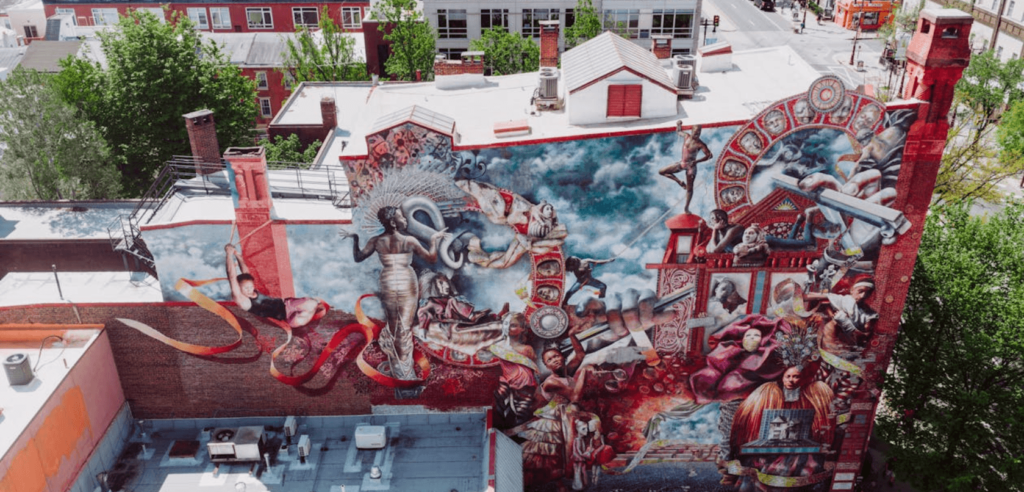 A view of the Theatre of Life mural located on South Broad Street in Philadelphia, Pennsylvania. Photograph Urbaine 4K Fond D'écran of the Téléphone Esthetic
