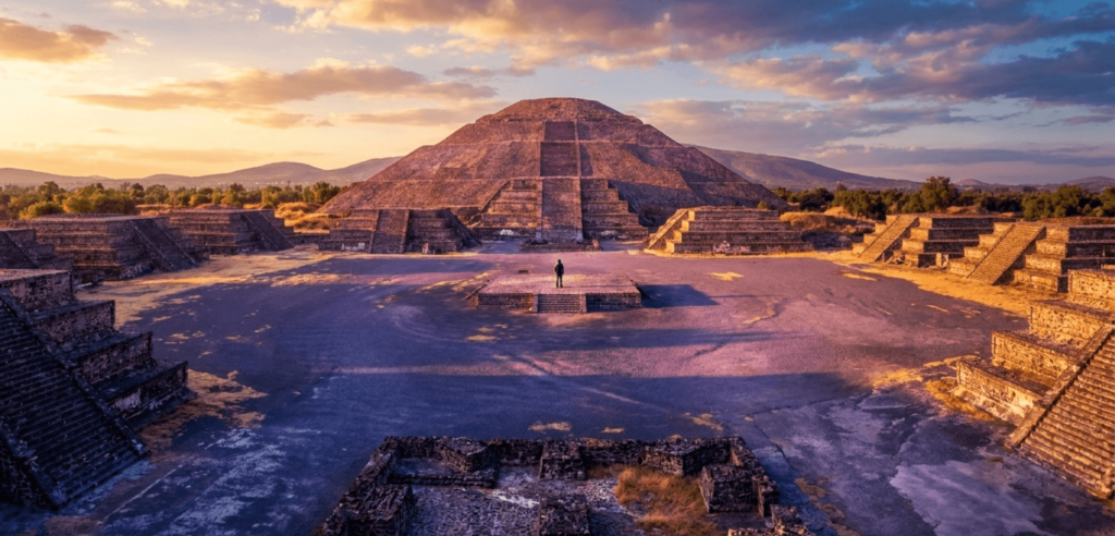 Ancient pyramids of Teotihuacan of Arista near Mexico City, one of the most iconic day trips and top things to do in Mexico City. Captured on Sony A7R V, 16mm, f8.