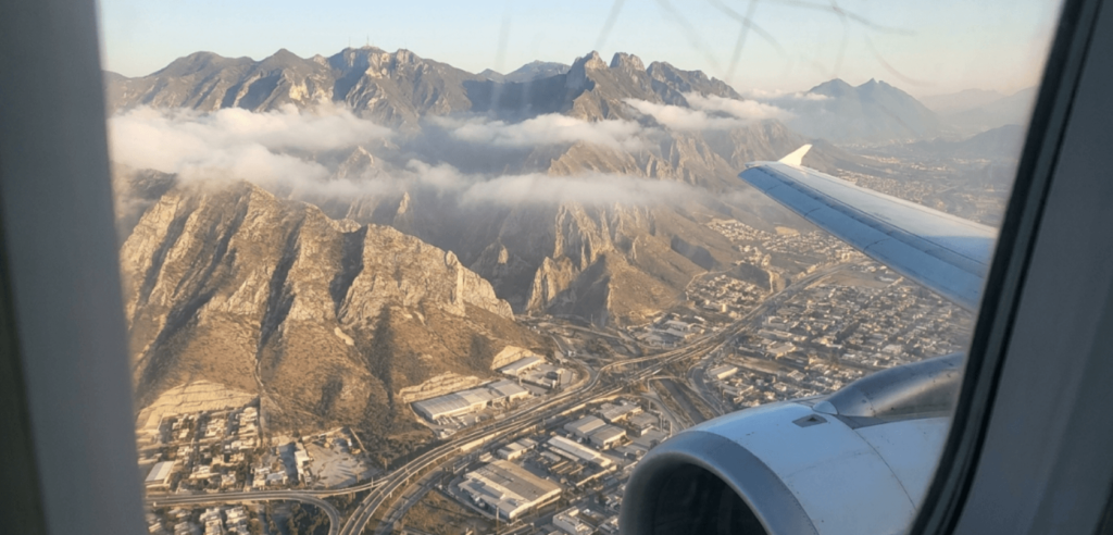 Arriving in Monterrey Mexico with Sierra Madre mountain range visible from airplane