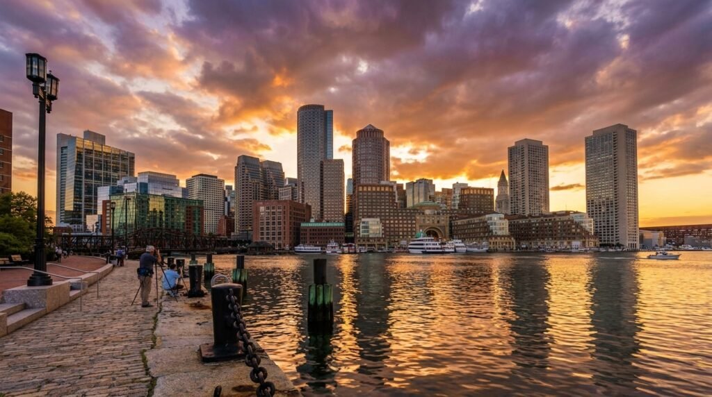 Best Places to Visit in Boston, view of the Boston skyline and Boston Harbor at sunset from Fan Pier