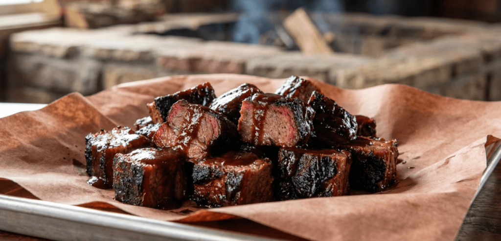  Close-up of iconic Kansas City-style beef brisket burnt ends served on a traditional brown paper tray.