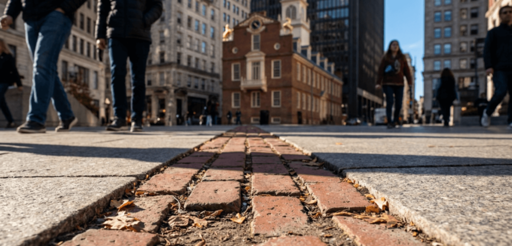 Close-up of the iconic red brick Freedom Trail path on a Boston sidewalk leading to the Old State House.