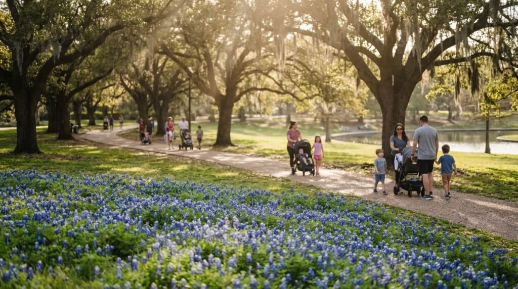 Hermann Park Houston in spring, carpet of bluebonnet wildflowers in foreground
