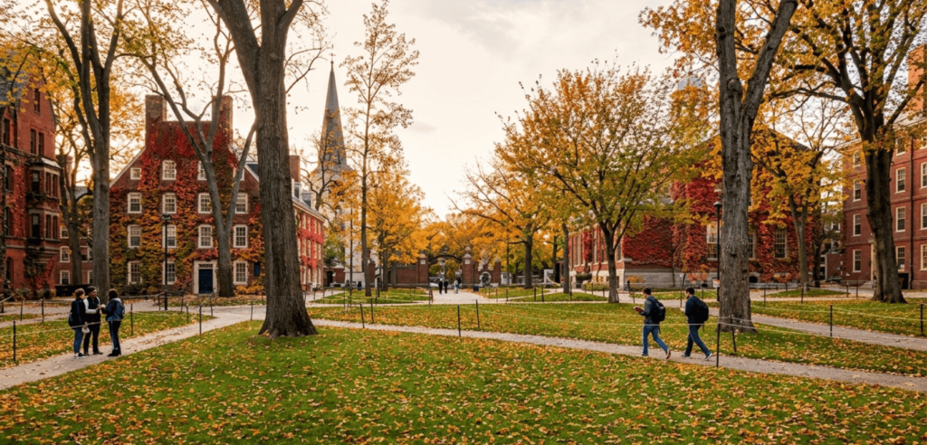  Ivy-covered brick buildings and Johnston Gate in Harvard Yard, Cambridge, during the autumn season.