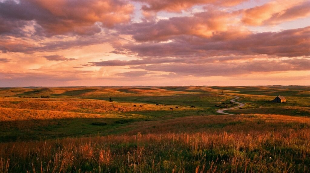 The Best places to visit in Kansas ,Rolling golden hills of the Flint Hills tallgrass prairie during sunset, a top natural thing to do in Kansas.
