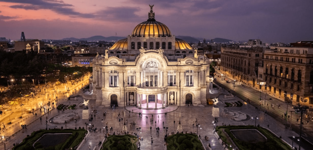 Night view of the illuminated Palacio de Bellas Artes in Mexico City, showcasing its stunning Art Nouveau architecture — one of the top things to do in Mexico City. Captured on Sony A7R V, 16mm, f8.