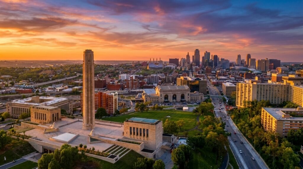 the best things to do in Kansas City, Panoramic cinematic view of the Kansas City skyline at sunset with illuminated fountains in the foreground.