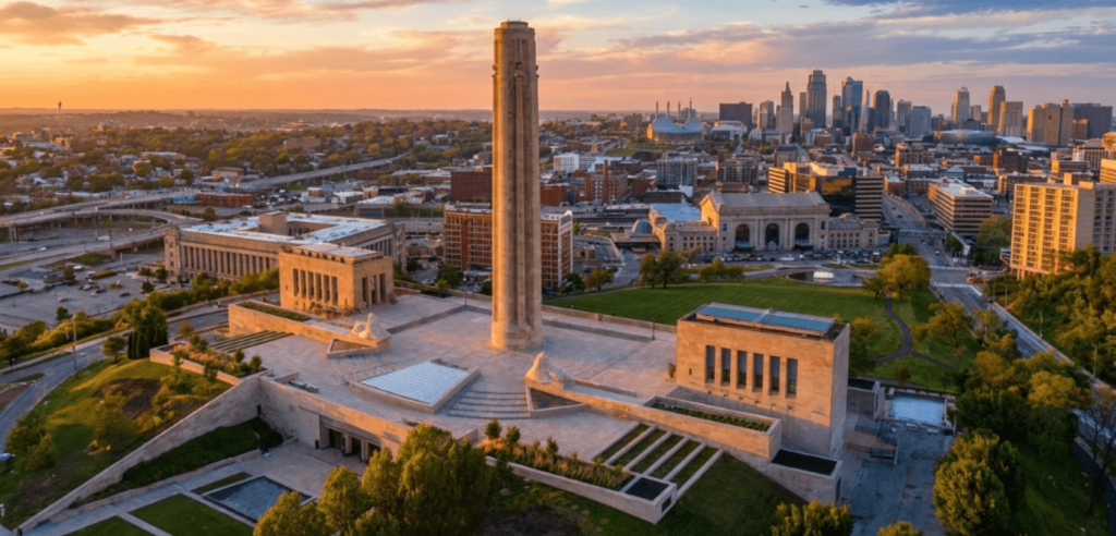 The Liberty Memorial tower at the National WWI Museum in Kansas City overlooking a field of red poppies.
