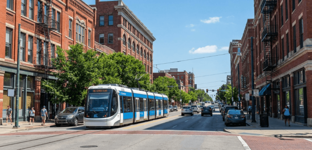 The free KC Streetcar traveling through downtown Kansas City past historic brick buildings.