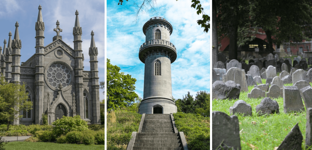 The historic Washington Tower at Mount Auburn Cemetery surrounded by colorful New England fall foliage.