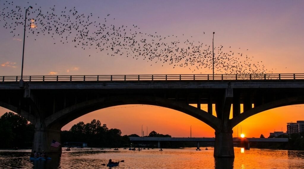 Thousands of Mexican free-tailed bats emerging from
Waugh Drive Bridge Houston at sunset