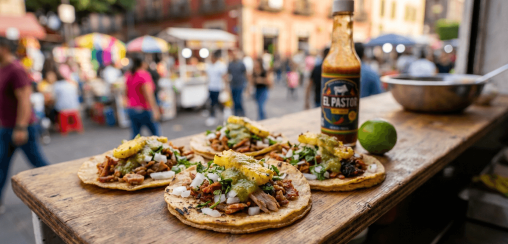 Close-up overhead view of four tacos al pastor on a Mexico City street stand, topped with onion, cilantro, pineapple, and salsa verde on corn tortillas, with blurred city background. Captured on Sony A7R V, 16mm, f8.