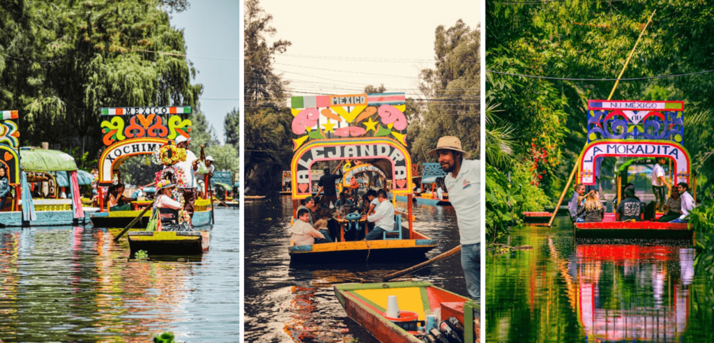 Colorful wooden trajinera boats filled with families drifting along the flower-lined canals of Xochimilco, one of the most vibrant experiences and top things to do in Mexico City. Captured on Sony A7R V, 16mm, f8.