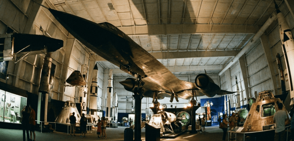 the Cosmosphere space museum Hutchinson Kansas, SR-71 Blackbird spy plane suspended from ceiling,