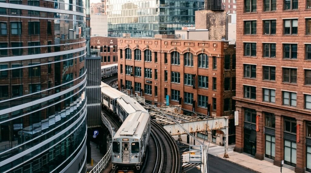A classic Chicago L train transit car moving through the historic elevated steel tracks in the downtown Loop district.