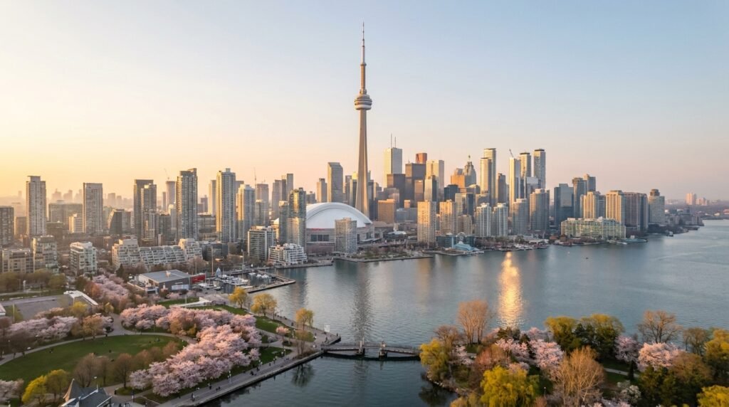 Aerial view of Toronto skyline at golden hour in May with CN Tower, Lake Ontario waterfront, and cherry blossom trees in the foreground,things to do in toronto