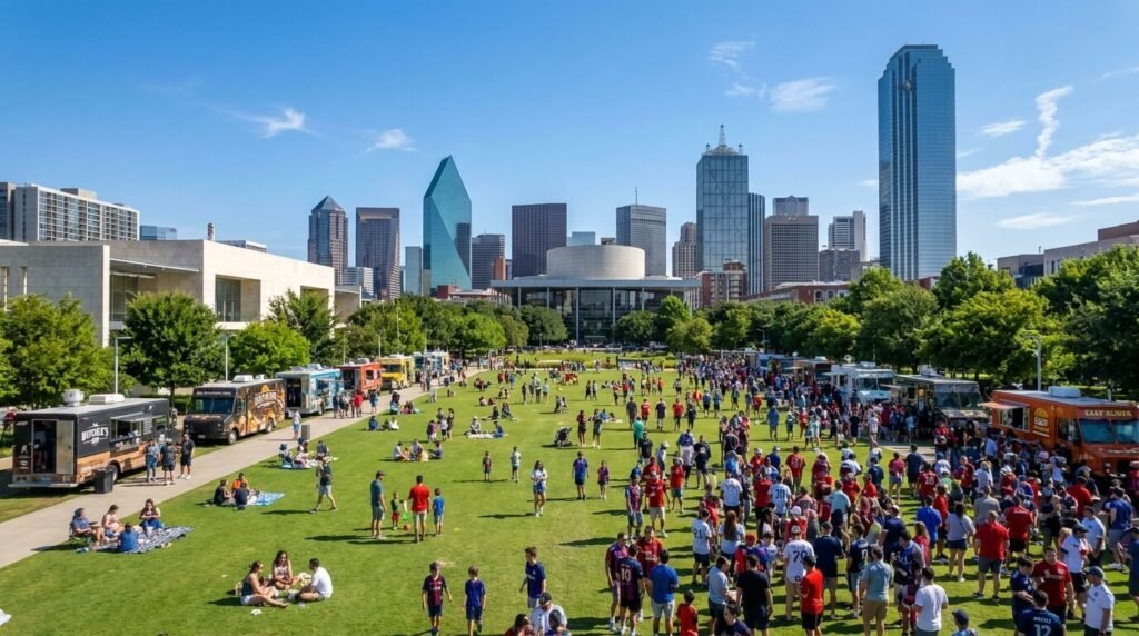 Aerial view of Klyde Warren Park Dallas filled with World Cup fans and families with Arts District skyline rising in the background on a sunny day.