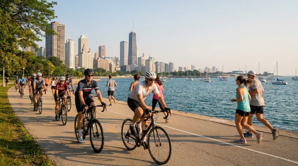 Chicago Lakefront Trail – cyclists and joggers along Lake Michigan with the Chicago skyline in the background
