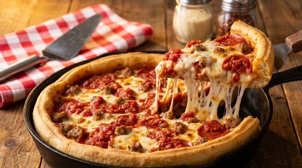 Close-up of an authentic Chicago deep-dish pizza slice with a melted cheese pull on a rustic wooden restaurant table.
