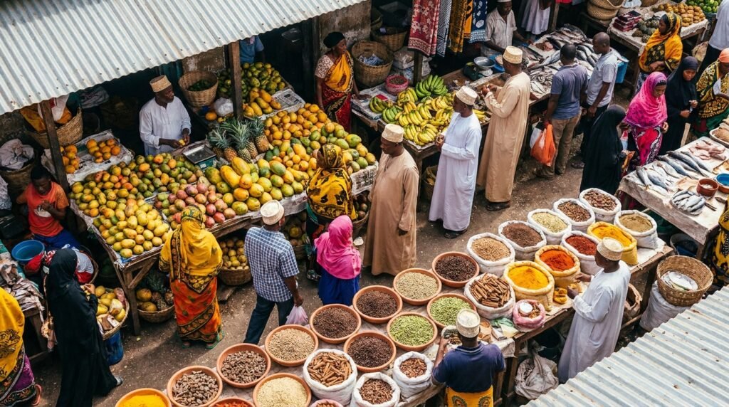 Overhead view of Darajani Market in Zanzibar with colourful piles of tropical fruits and spices and local vendors