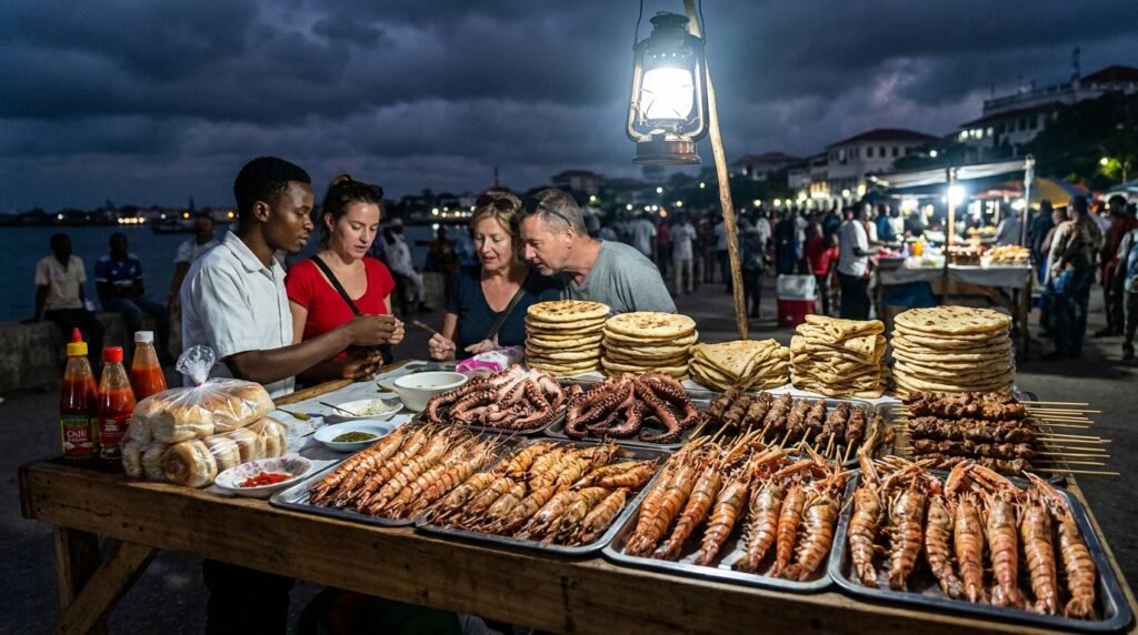 Forodhani Gardens night market stall in Stone Town Zanzibar overflowing with grilled prawns, octopus, kebabs and flatbread illuminated by a single camping lantern with local vendors and tourists

