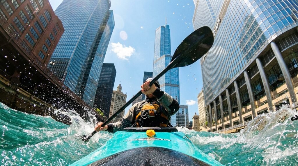 Kayaking on the Chicago River with a view of towering glass skyscrapers, a popular outdoor activity in Chicago.