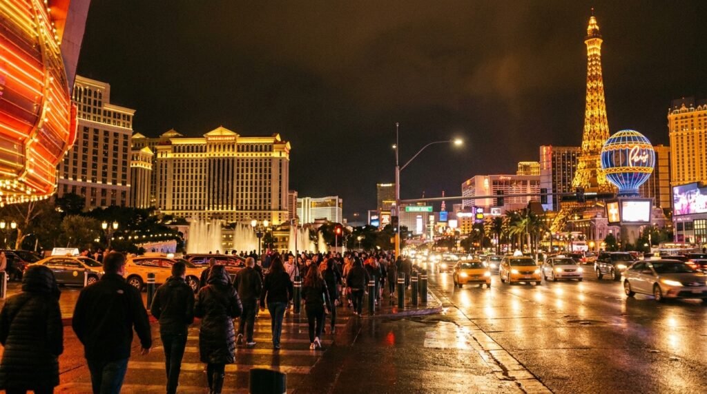 Las Vegas Strip at midnight viewed from street level