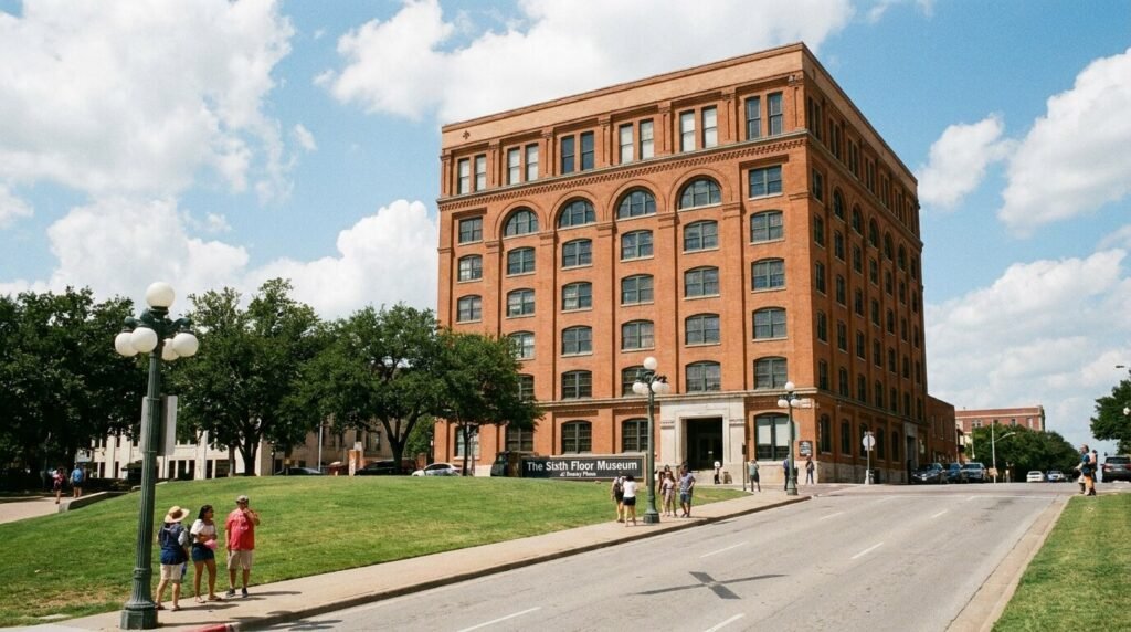 Lone visitor standing solemnly at Dealey Plaza Dallas beside the historic red brick Texas School Book Depository on an overcast morning