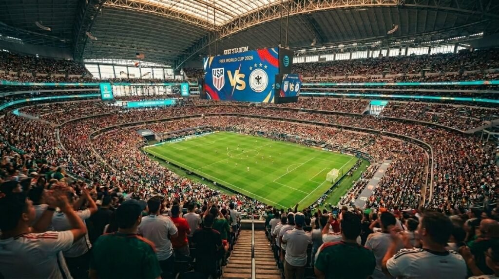 Packed AT&T Stadium interior with 90,000 fans during FIFA World Cup 2026 match in Arlington Texas with massive video board above green pitch.