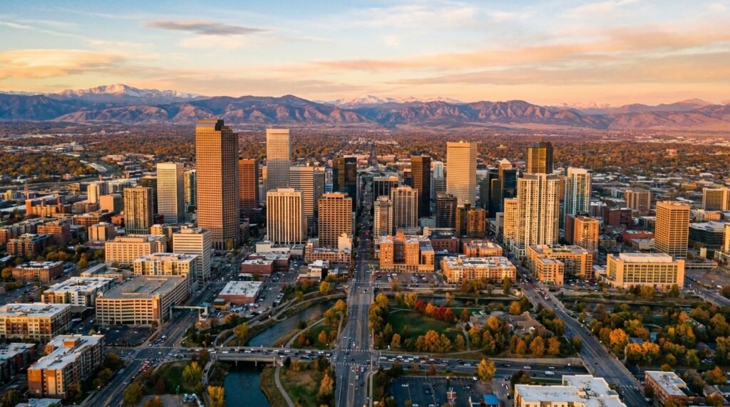 Places to visit in Denver – aerial view of Denver skyline with Rocky Mountains at sunset