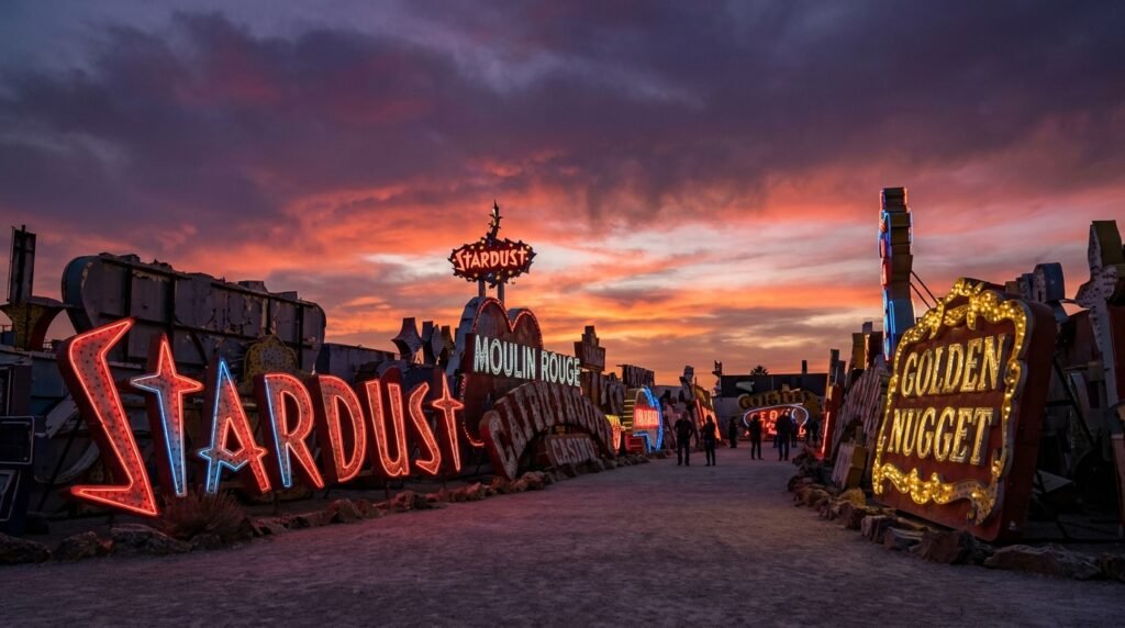 The Las Vegas Neon Museum boneyard at dusk