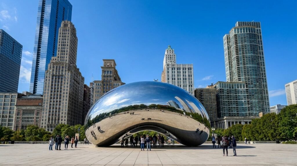 The reflective Cloud Gate sculpture, known as The Bean, in Millennium Park at sunrise with the city skyline in the background.