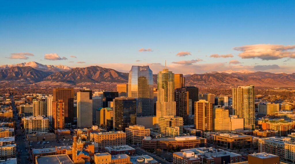 Things to do in Denver – panoramic view of Denver skyline with Rocky Mountains in the background