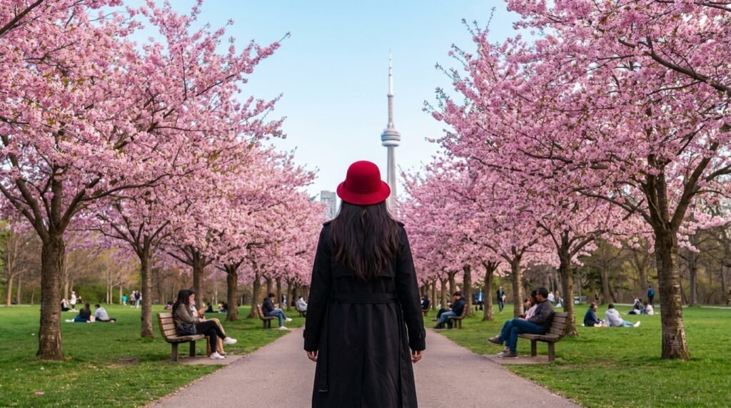 Woman standing alone beneath pink cherry blossom trees in full bloom at 
High Park Toronto during early morning golden hour in May