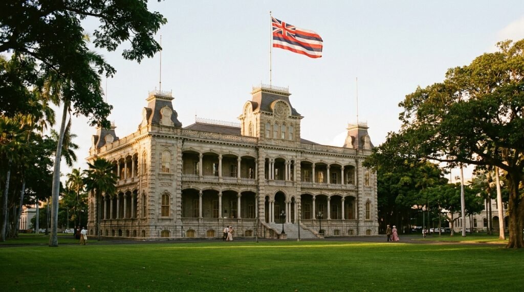 iolani palace honolulu hawaii exterior facade, victorian-italianate architecture