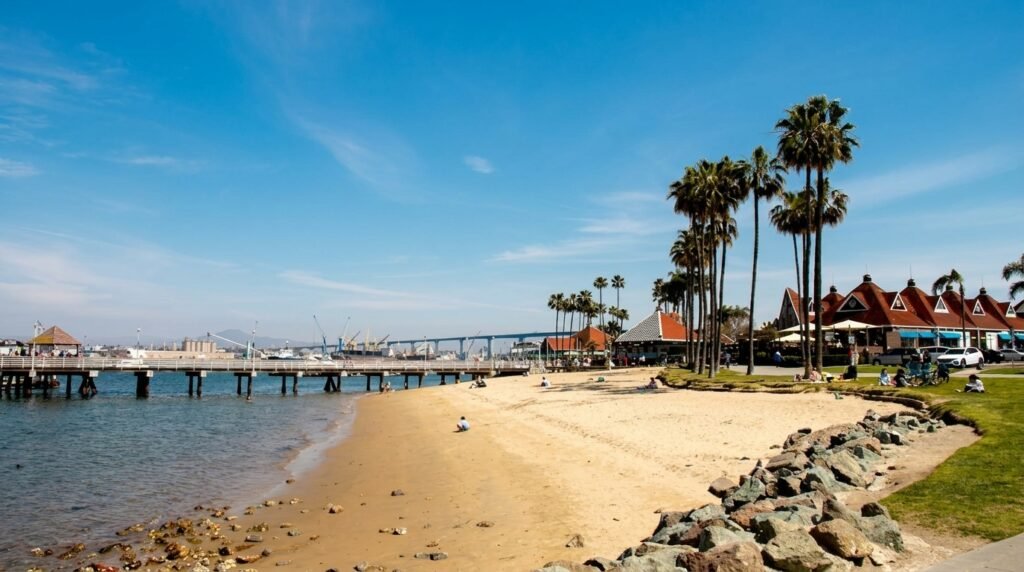 the Coronado Ferry Landing beach in San Diego, California.