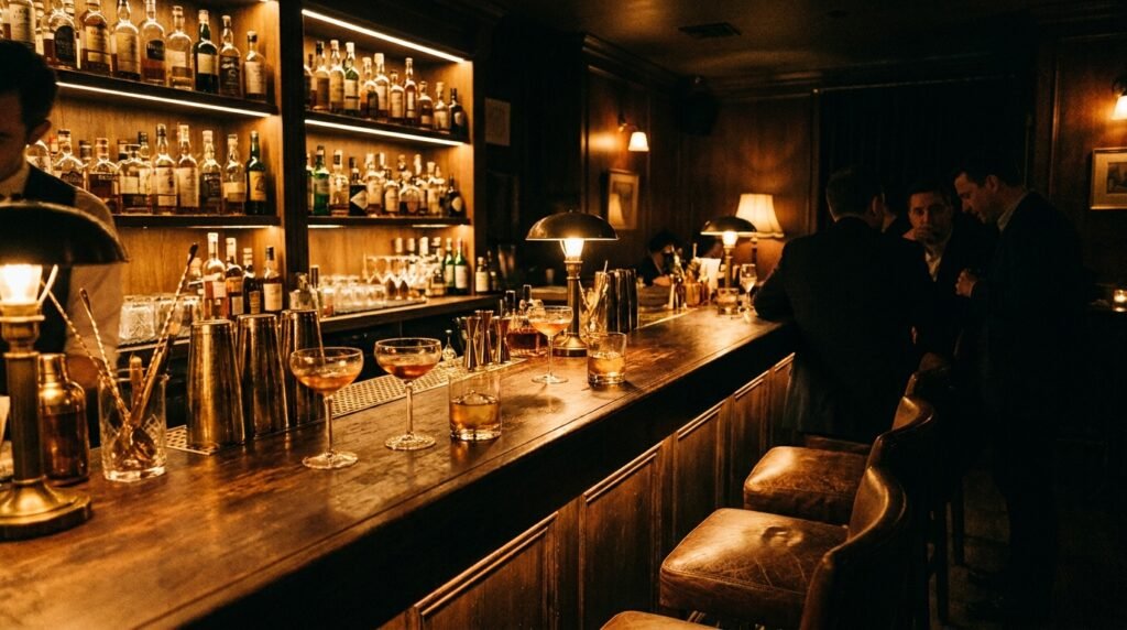 Intimate speakeasy bar interior with dark wood, amber lighting, craft cocktails on the bar top, and shelves lined with spirits bottles creating a moody atmosphere