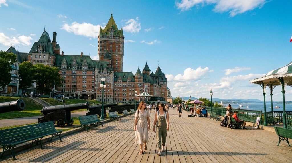 the Dufferin Terrace boardwalk overlooking the Lower Town and the St. Lawrence River