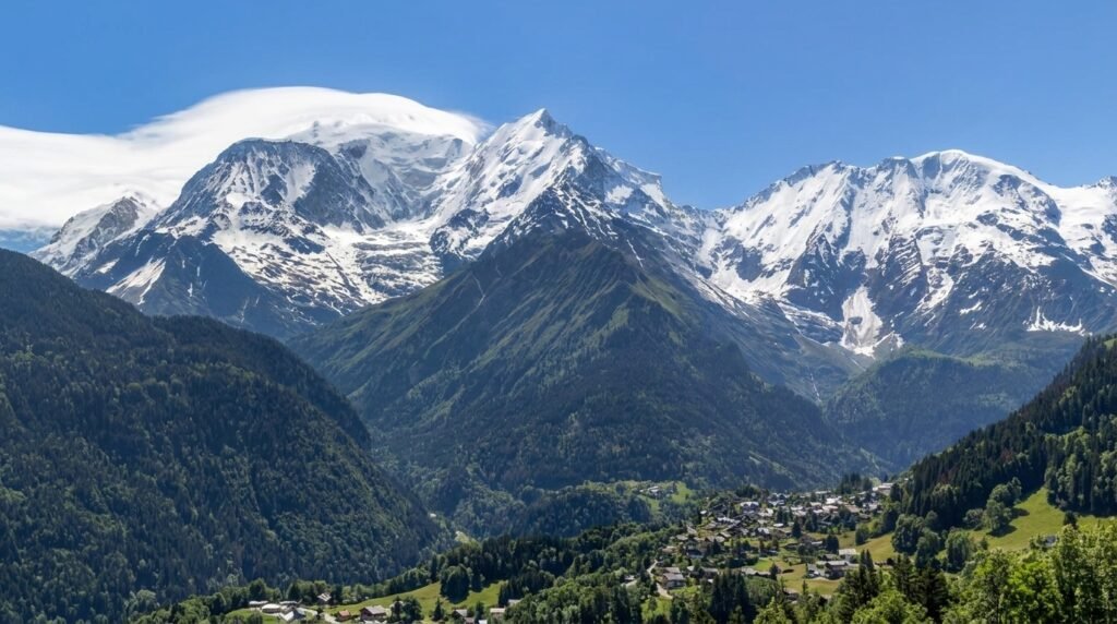 Breathtaking views of snow-capped Mont Blanc with lush green valleys, perfect for travel and nature lovers.